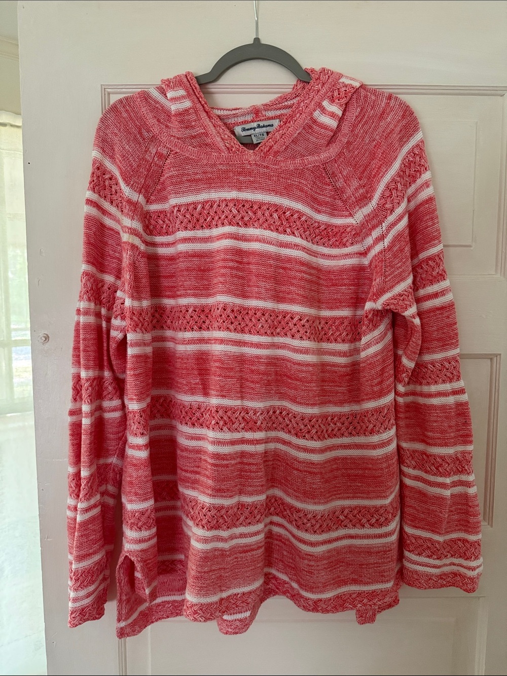 Tommy Bahama Coral Pink and White Striped Knit Hoodie